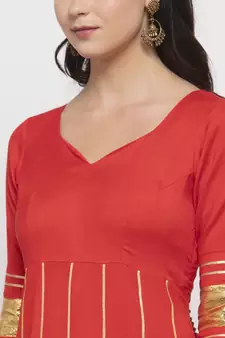 Red plain cotton long-dresses