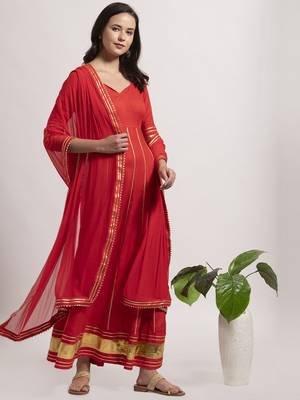 Red plain cotton long-dresses 3