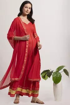Red plain cotton long-dresses