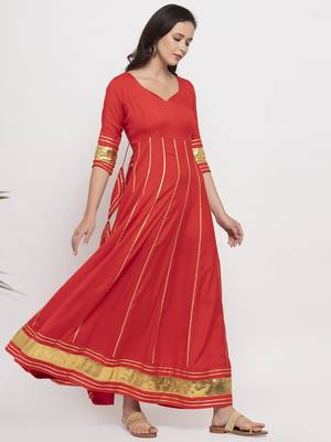 Red plain cotton long-dresses 4