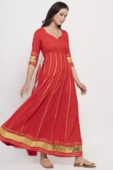 Red plain cotton long-dresses