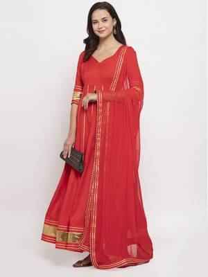 Red plain cotton long-dresses 1