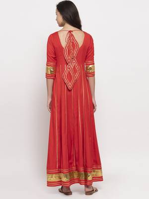 Red plain cotton long-dresses 5