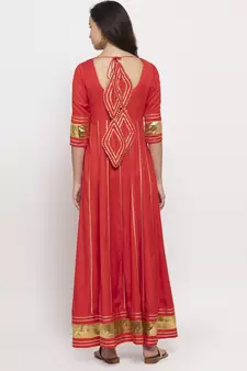 Red plain cotton long-dresses