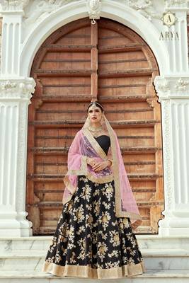 Black embroidered satin semi stitched lehenga 1