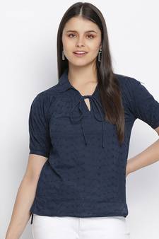 Fair blue tie - knot women schiffli top