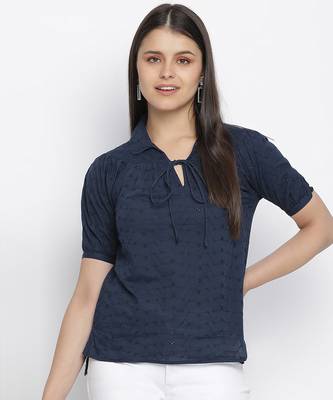 Fair blue tie - knot women schiffli top 1