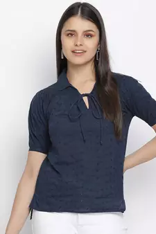 Fair blue tie - knot women schiffli top