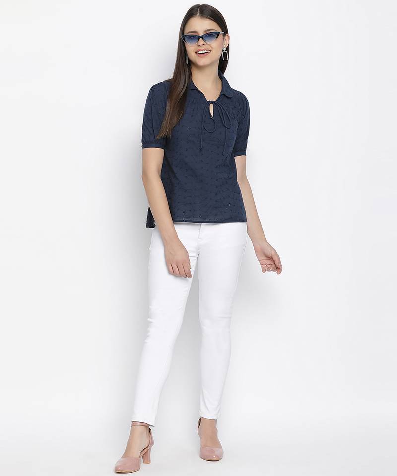 Fair blue tie - knot women schiffli top