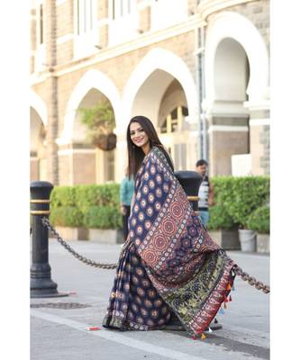 Ajrakh handcrafted on Modal silk with running blouse 2