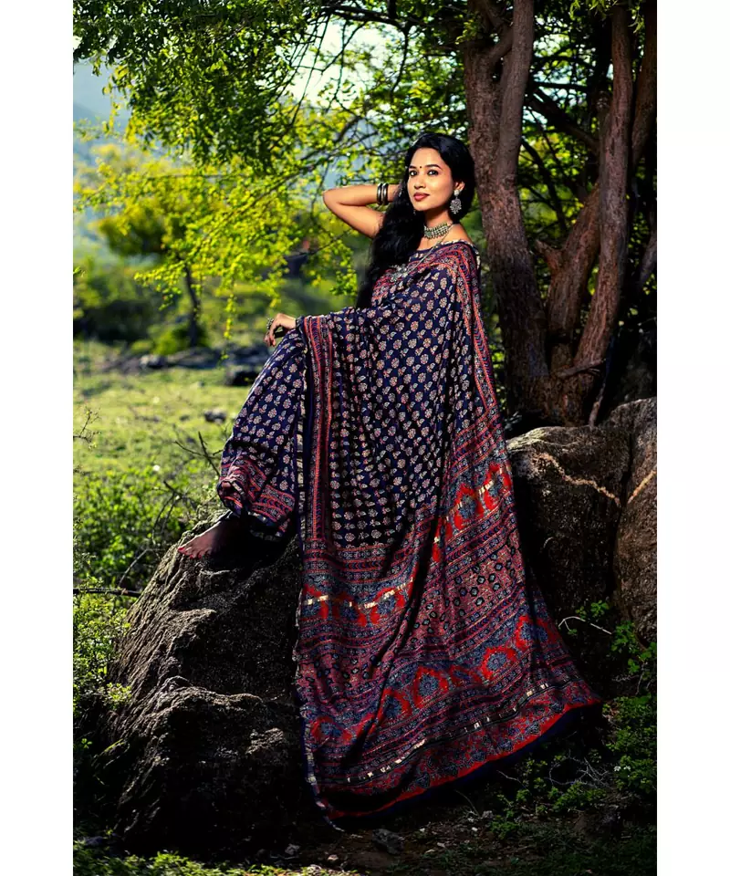 Ajrakh handcrafted on chanderi silk with running blouse