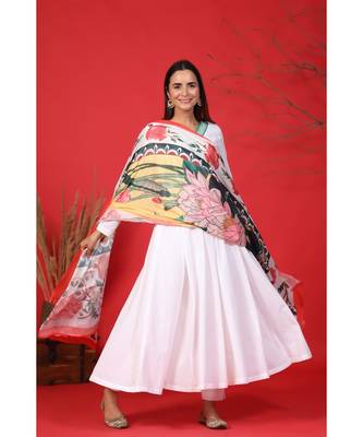 white kurta with lotus print dupatta 1