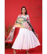 white kurta with lotus print dupatta