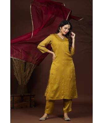 golden silk kurta set with handwork embroidery 5