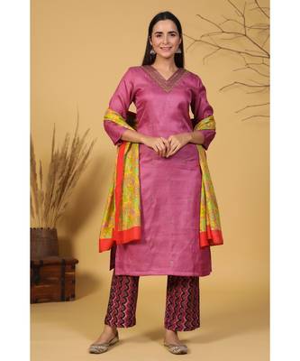 purple handwork kurta set with floral dupatta 3