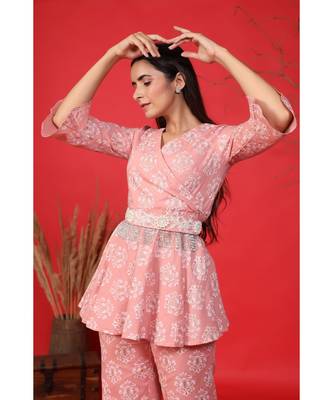 baby pink top and pant set with pearl belt 4