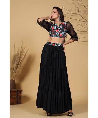 black skirt with floral printed top 1