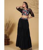 black skirt with floral printed top