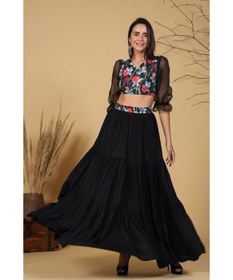 black skirt with floral printed top 2