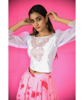 rhinestone embellished top with shibori skirt 4