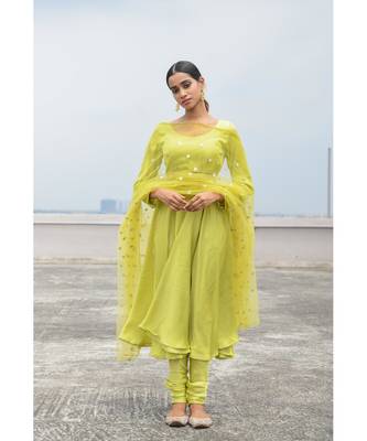 silk green anarkali set with net dupatta 1