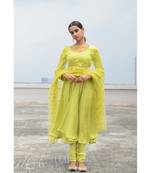 silk green anarkali set with net dupatta