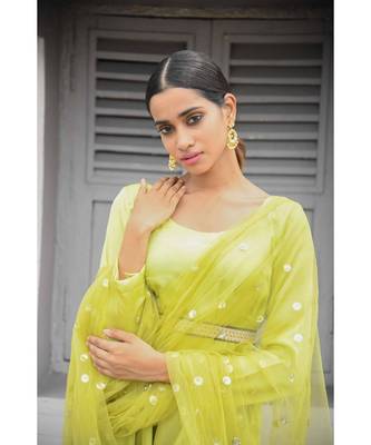 silk green anarkali set with net dupatta 2