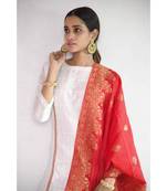 white suit set with red jacquard dupatta