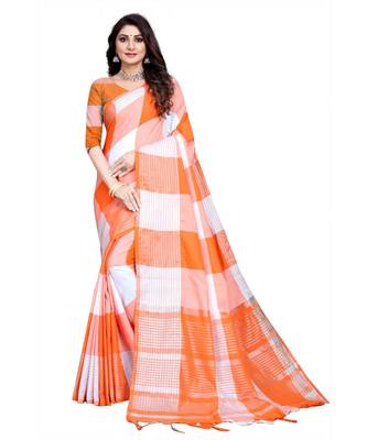 orange and white cotton saree with blouse piece 1