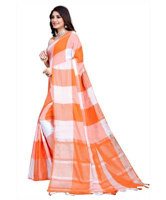 orange and white cotton saree with blouse piece 2
