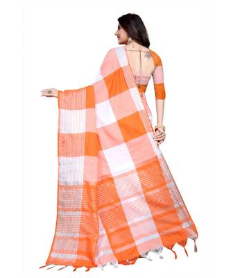 orange and white cotton saree with blouse piece 3
