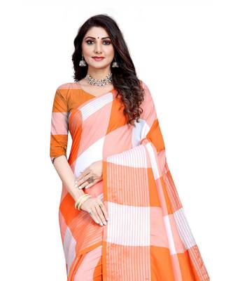 orange and white cotton saree with blouse piece 4