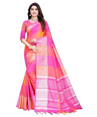 pink and orange cotton saree with blouse piece 1