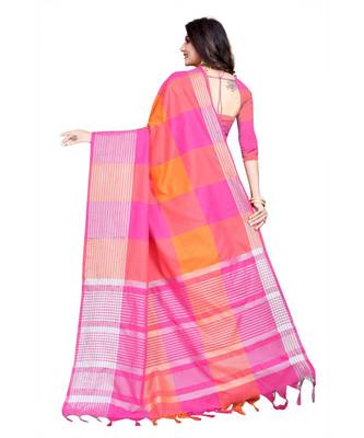 pink and orange cotton saree with blouse piece 3