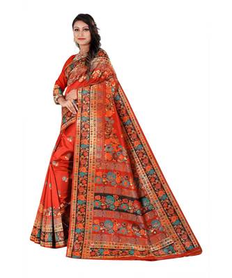 red banarasi silk saree with blouse piece 2