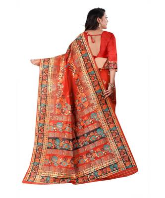 red banarasi silk saree with blouse piece 3