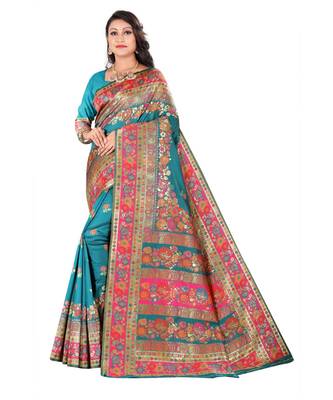 sky blue banarasi silk saree with blouse piece 1