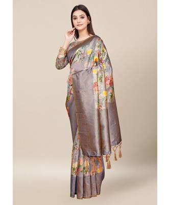 Grey Colour Silk Blend Thread Work Daily & Party Wear With Blouse Saree 1
