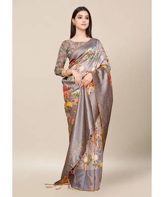 Grey Colour Silk Blend Thread Work Daily & Party Wear With Blouse Saree 2