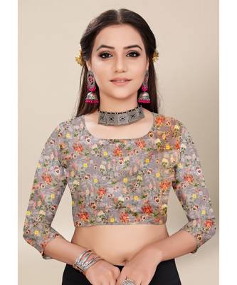 Grey Colour Silk Blend Thread Work Daily & Party Wear With Blouse Saree 4