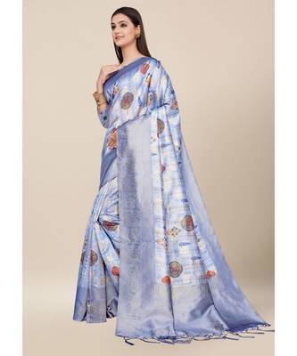 Sky Blue Colour Silk Blend Thread Work Daily & Party Wear With Blouse Saree 1