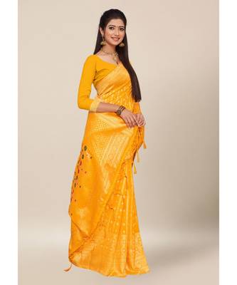 Yellow Colour Silk Blend Thread Work Daily & Party Wear With Blouse Saree 1