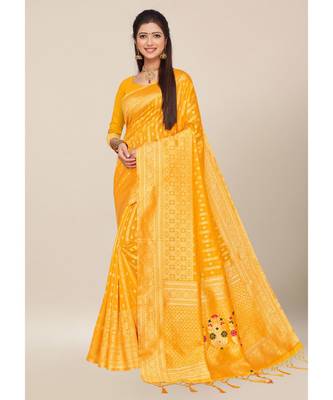 Yellow Colour Silk Blend Thread Work Daily & Party Wear With Blouse Saree 4