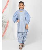 Balloon Sleeve Blue Patiyala Kurta Set for Girls