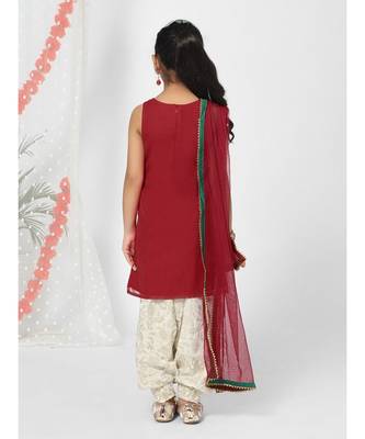 Embelished Red Kurta Patiyala Set for Girls 4