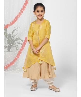 Yellow Front Slit Kurta Jacket Set for Girls 1