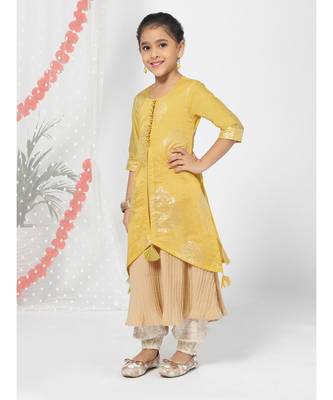 Yellow Front Slit Kurta Jacket Set for Girls 2