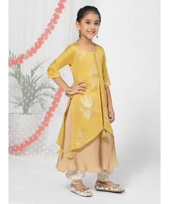 Yellow Front Slit Kurta Jacket Set for Girls 3