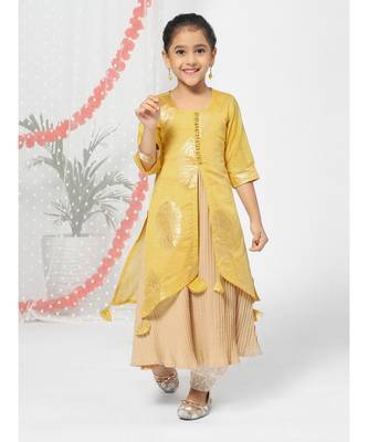 Yellow Front Slit Kurta Jacket Set for Girls 5