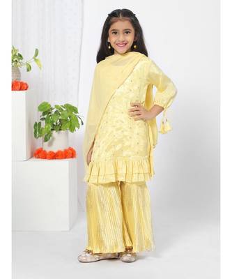 Yellow Ruffled Kurta Sharara Set for Girls 1